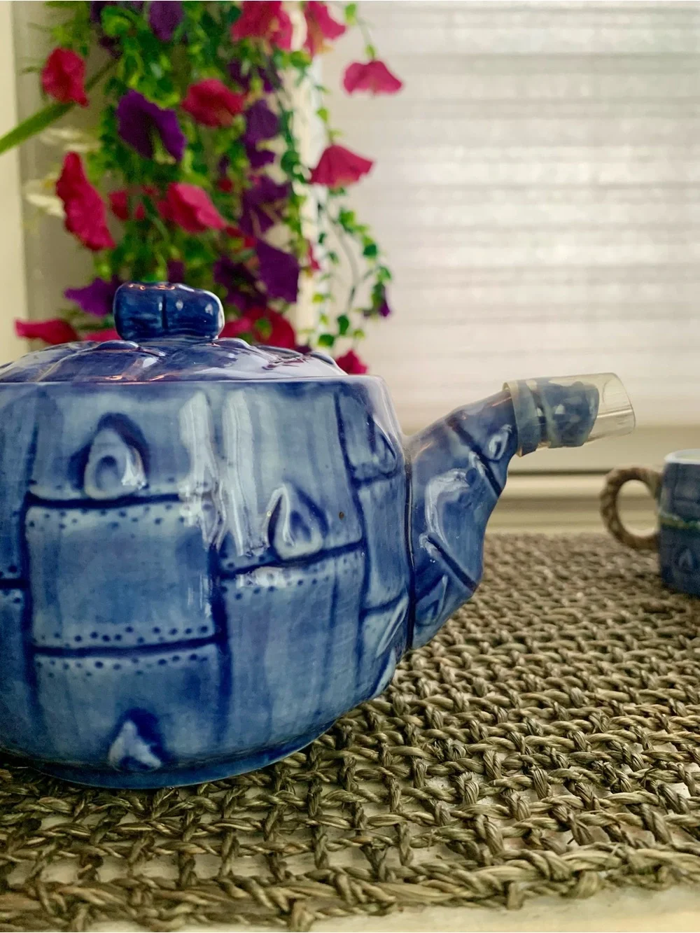 Chinese Miniature Blue Nautical & Rope Handle Ceramic Design Teapot and Cup Set